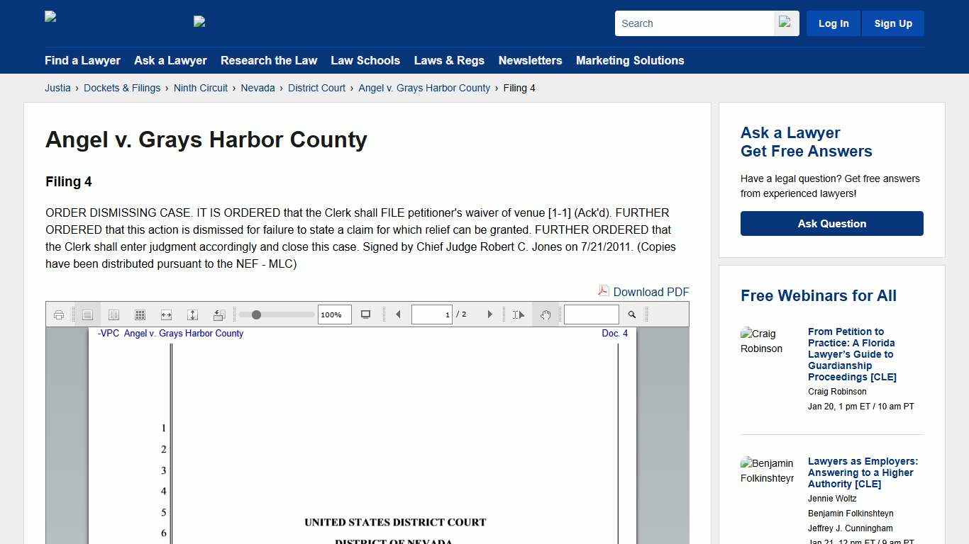 ORDER DISMISSING CASE for Angel v. Grays Harbor County :: Justia Dockets & Filings
